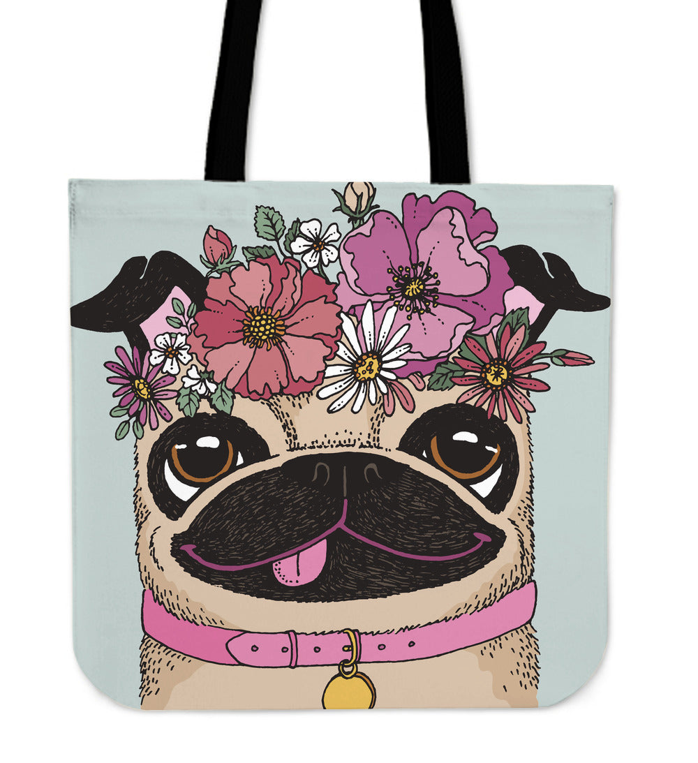 Floral Pug Linen Tote Bag