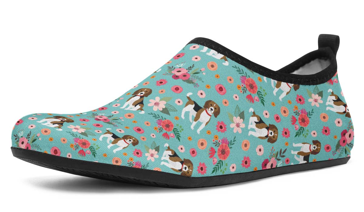 Cute Beagle Flower Aqua Barefoot Shoes