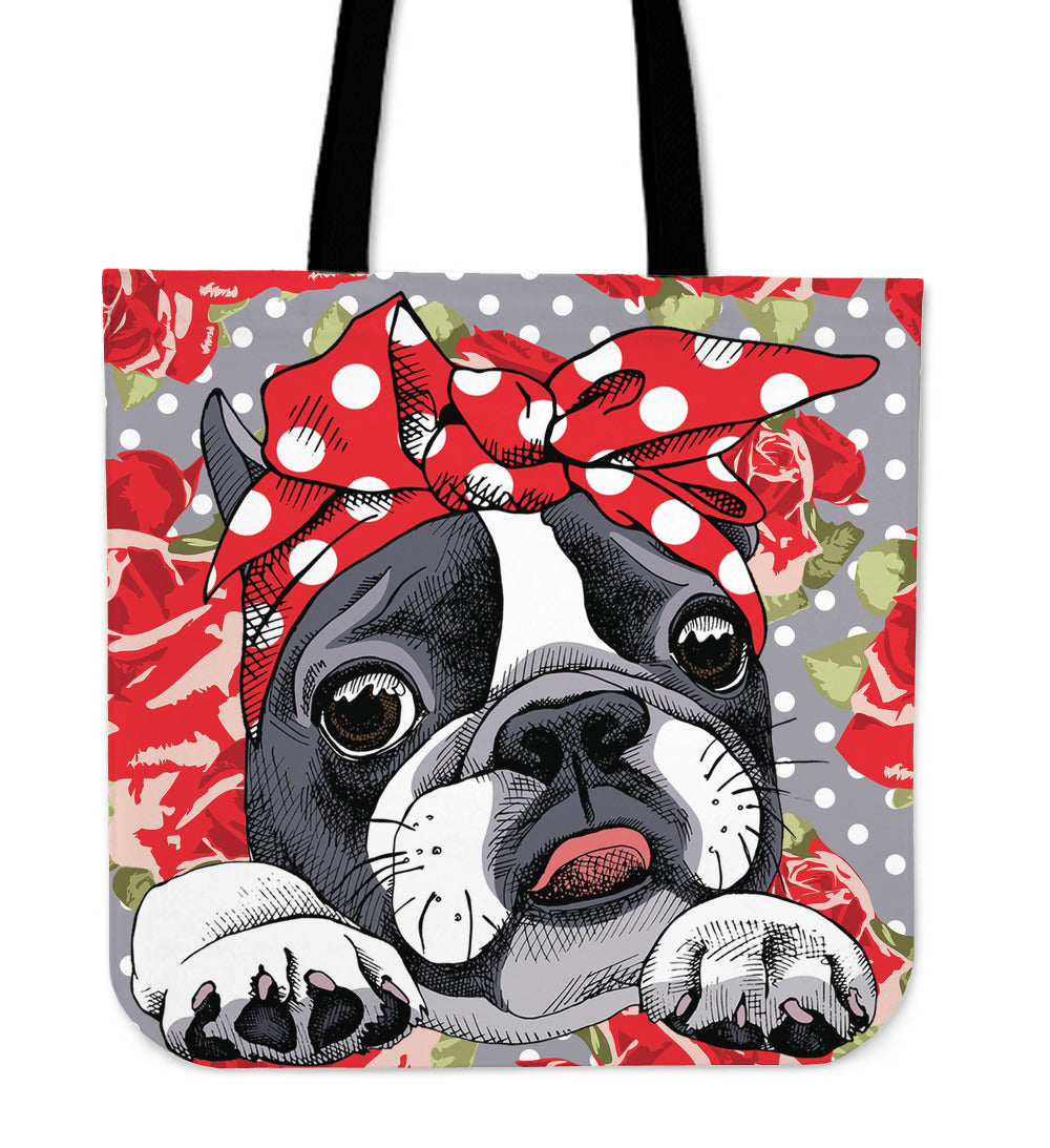 Floral Boston Terrier Red Linen Tote Bag