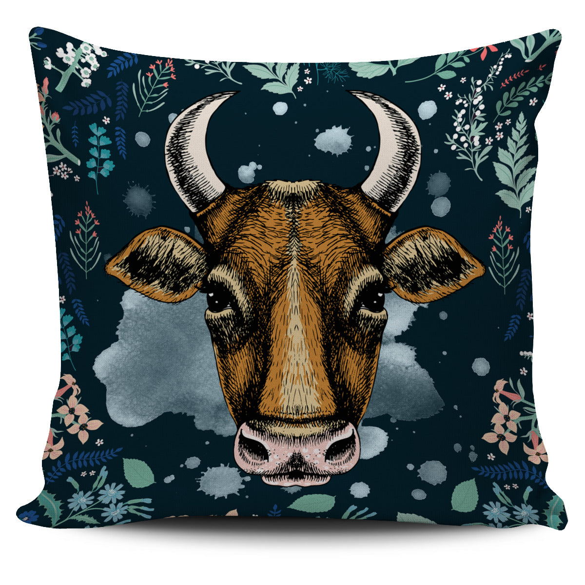Blue Floral Cow Pillow Cover