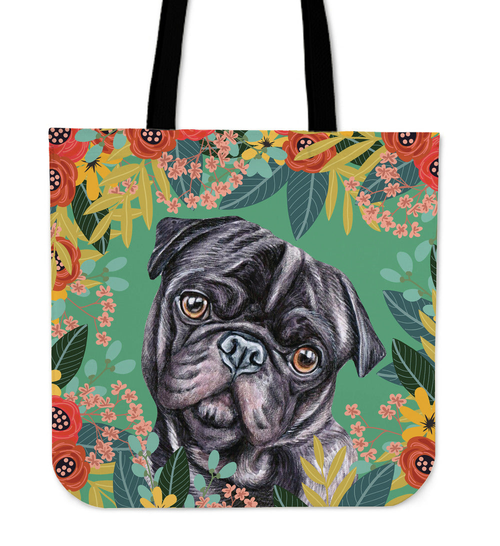 Joyful Black Pug Linen Tote Bag