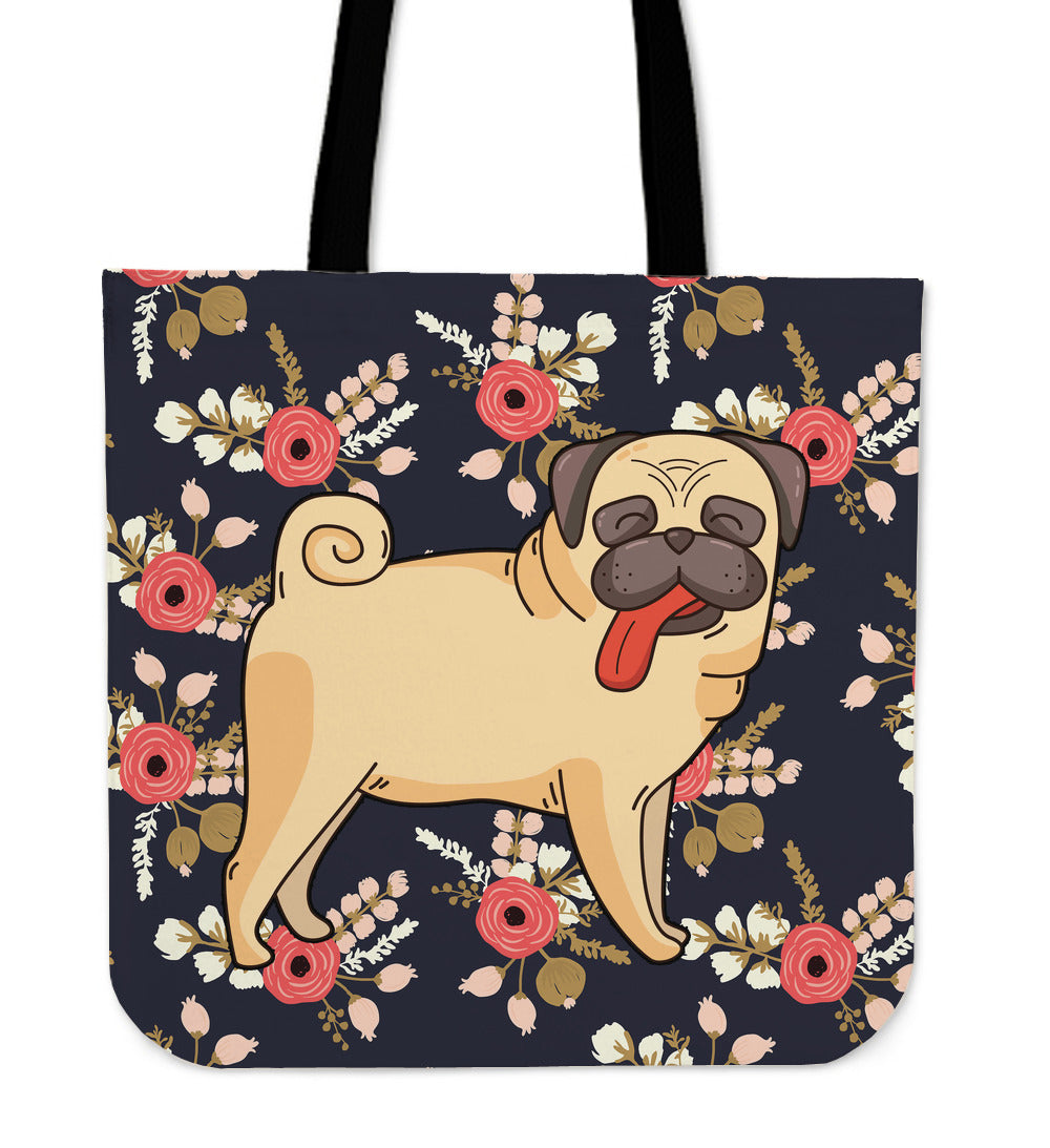 Silly Floral Pug Linen Tote Bag