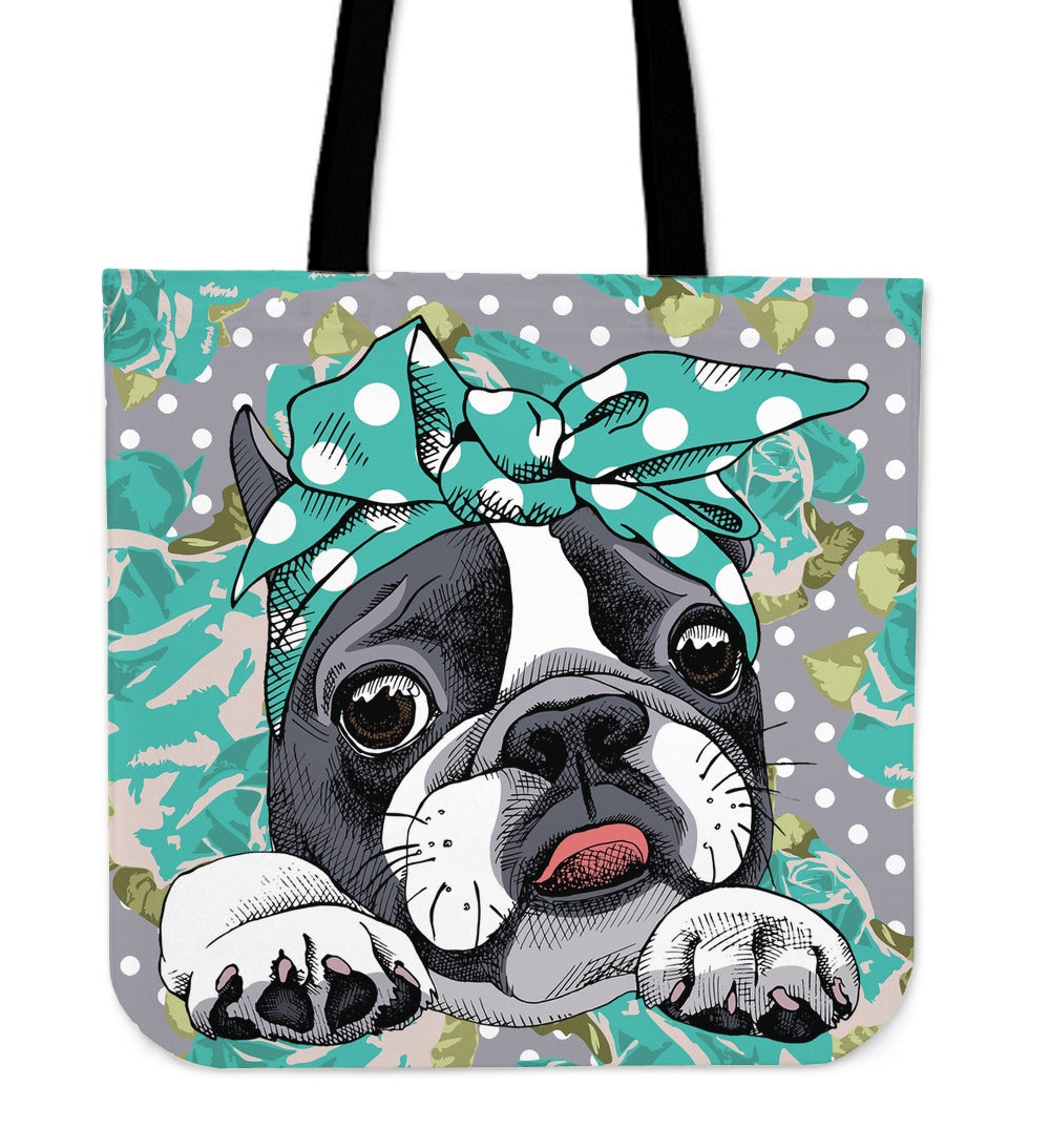 Floral Boston Terrier Turquoise Linen Tote Bag
