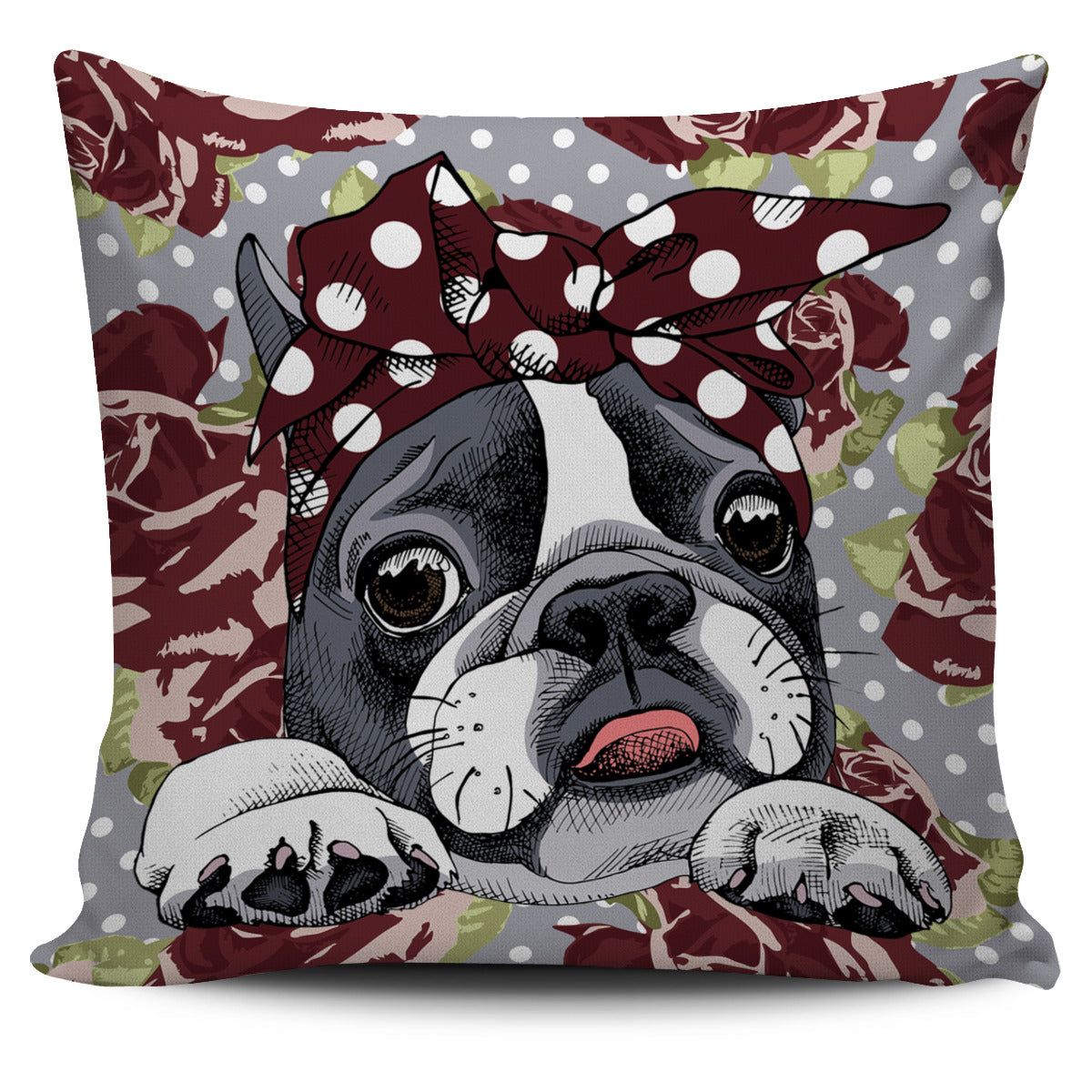 Floral Boston Terrier Dark Red Pillow Cover