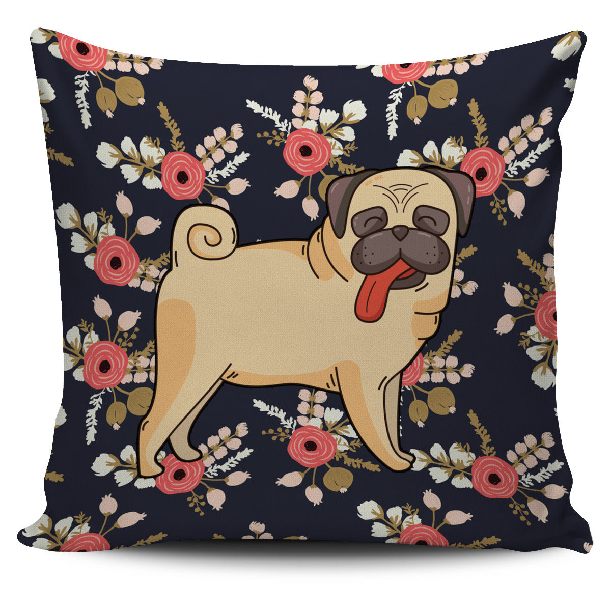 Silly Floral Pug Pillow Cover