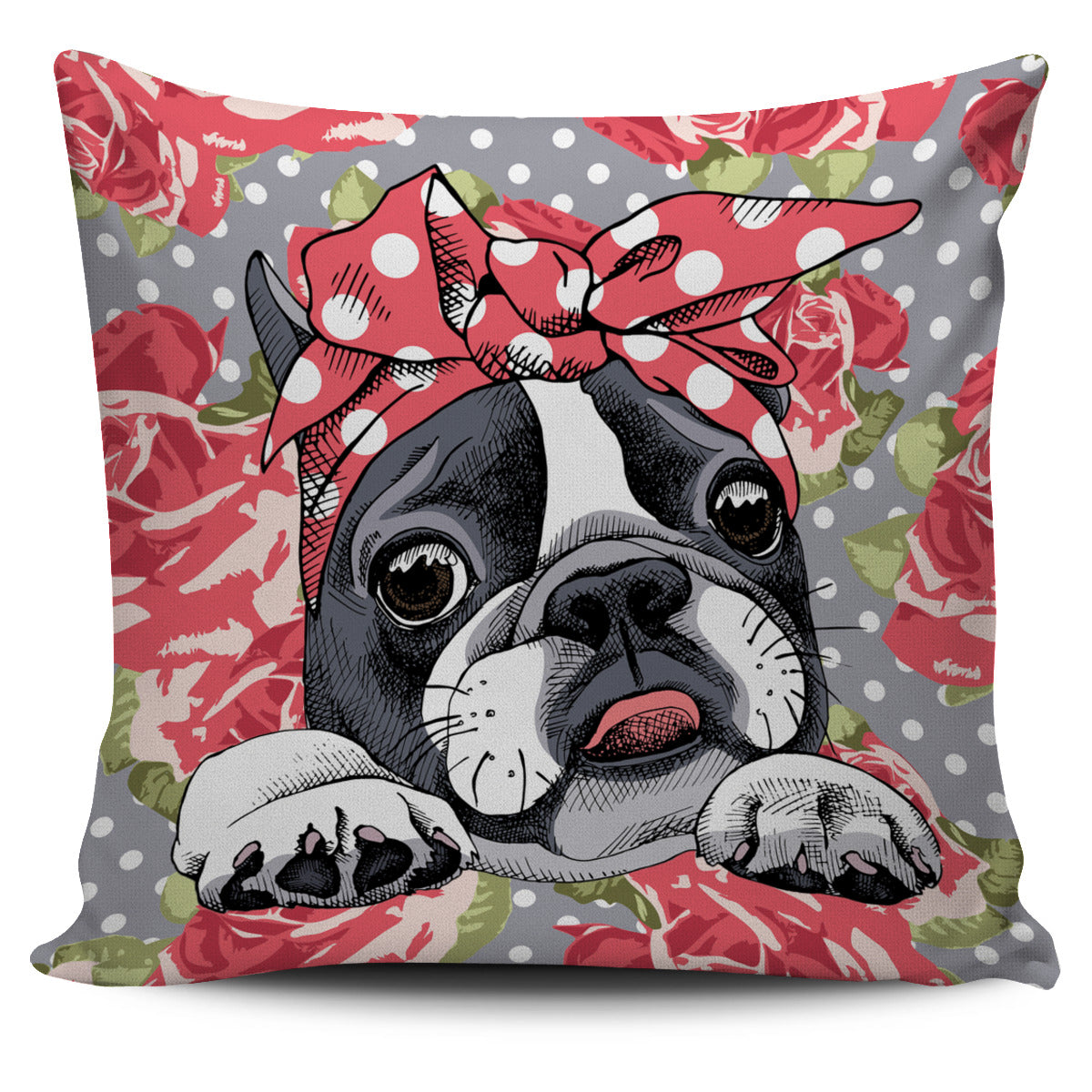 Floral Boston Terrier Pillow Cover