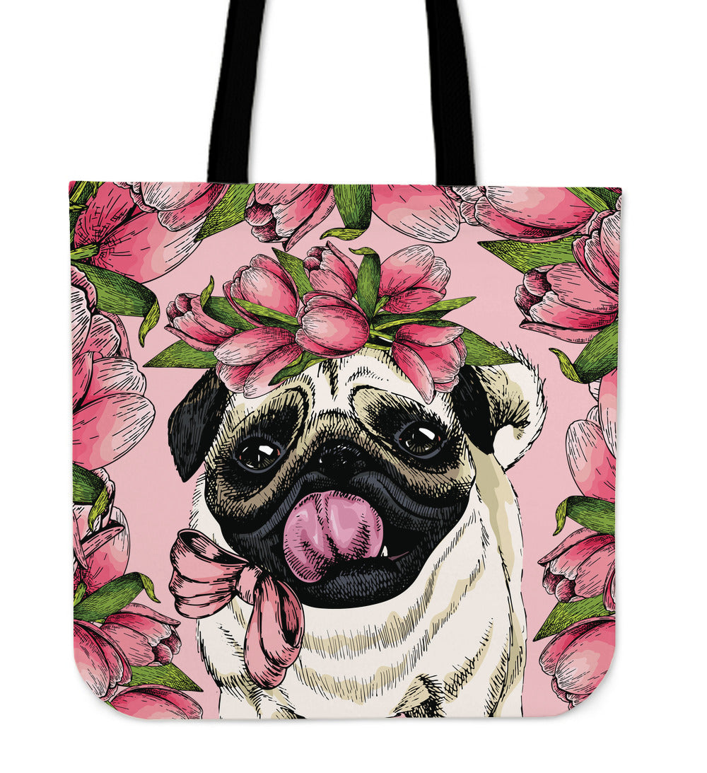 Goofy Floral Pug Linen Tote Bag