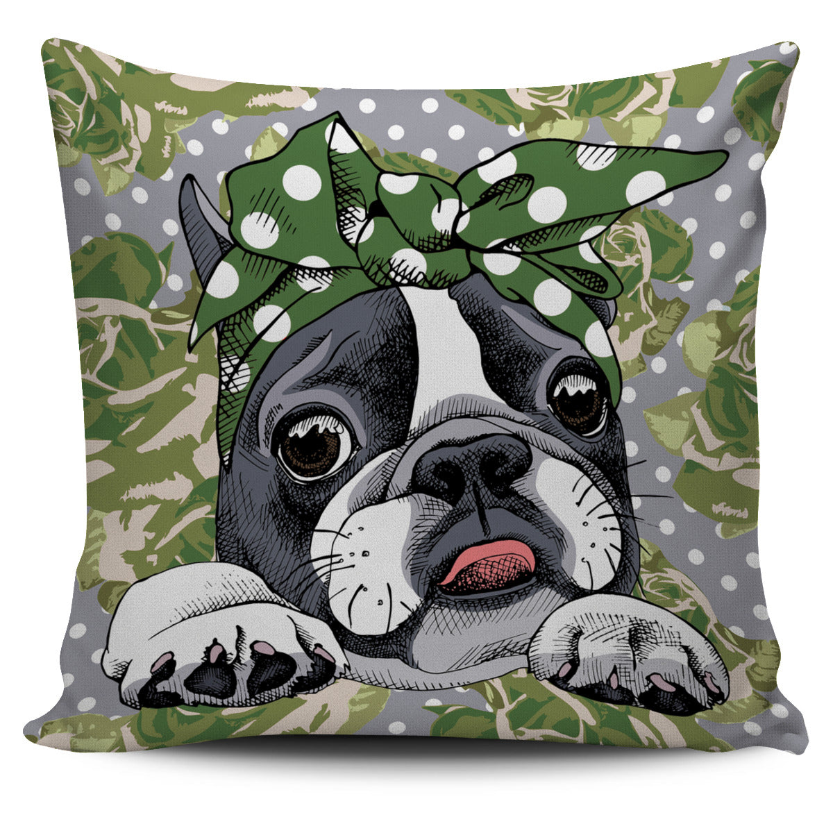 Floral Boston Terrier Green Pillow Cover
