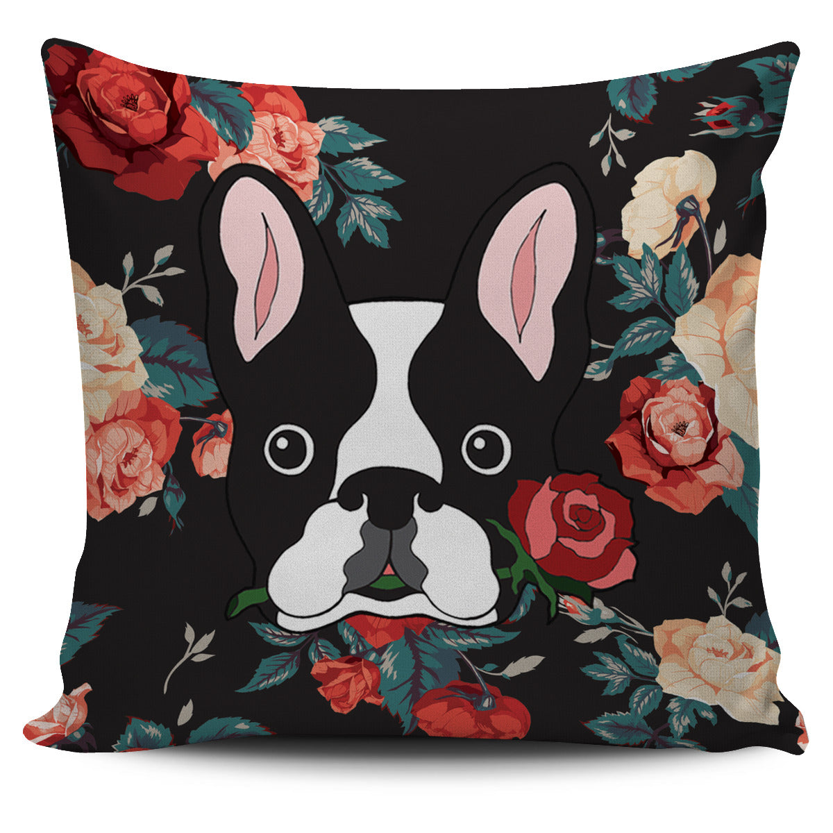 Boston Terrier Rose Pillow Cover