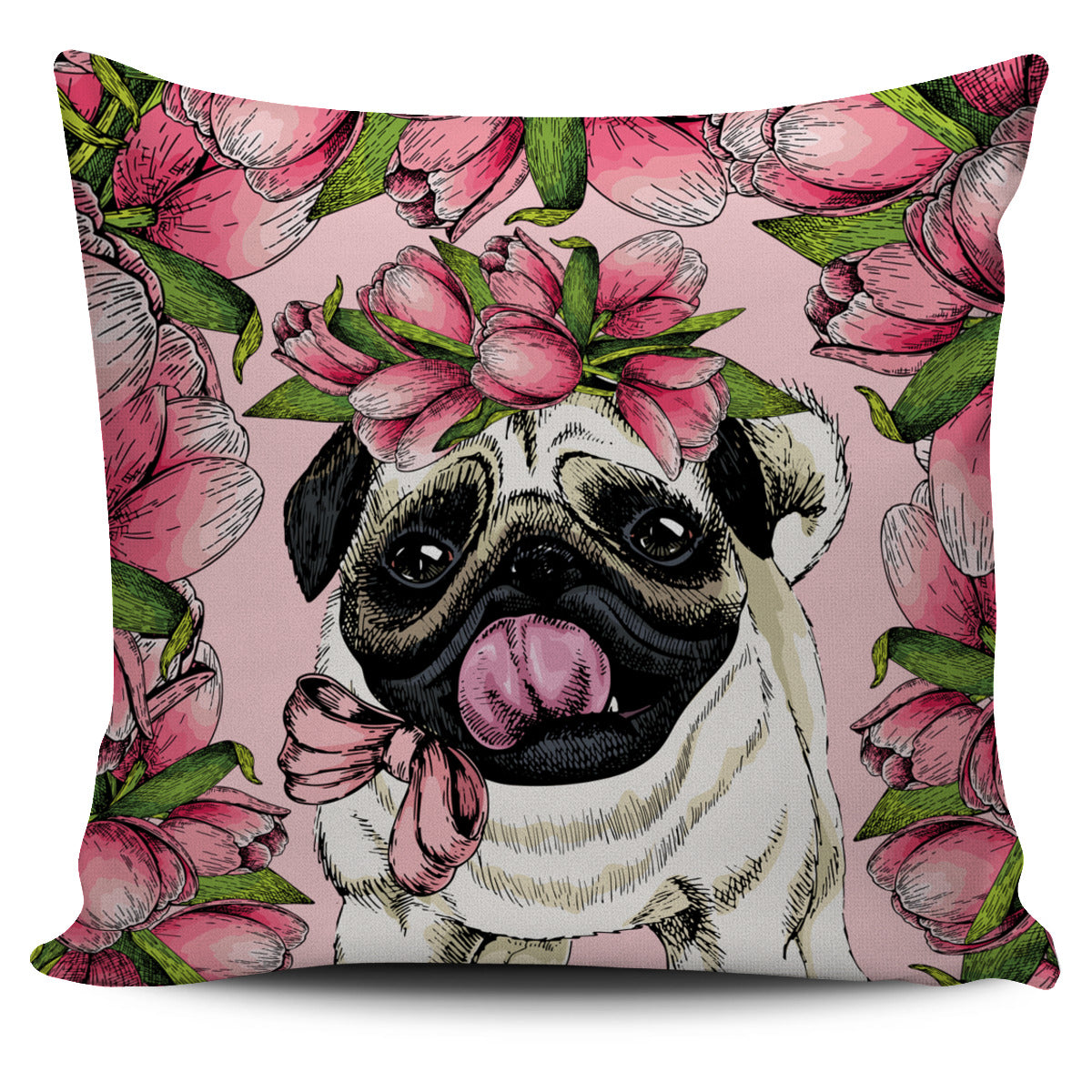 Goofy Floral Pug Pillow Cover