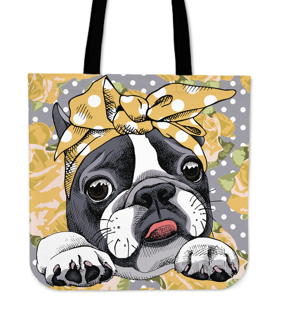 Floral Boston Terrier Yellow Linen Tote Bag