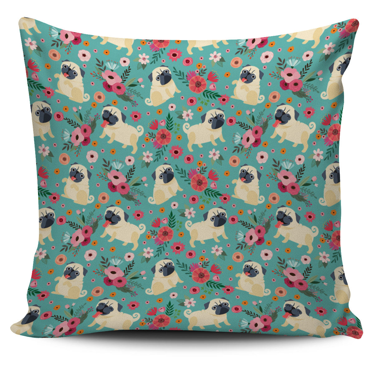 Pug Flower Pillow Cover