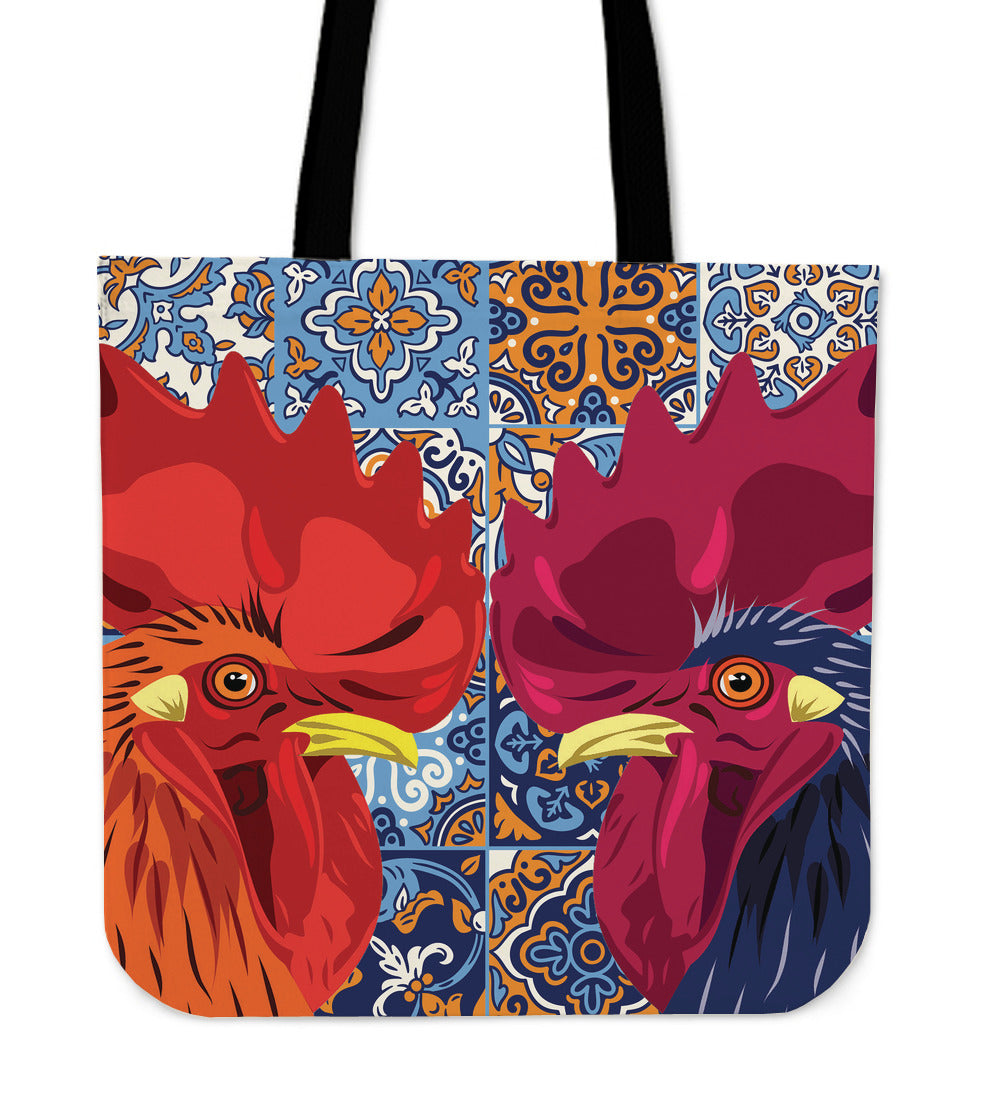Ceramic Roosters Linen Tote Bag