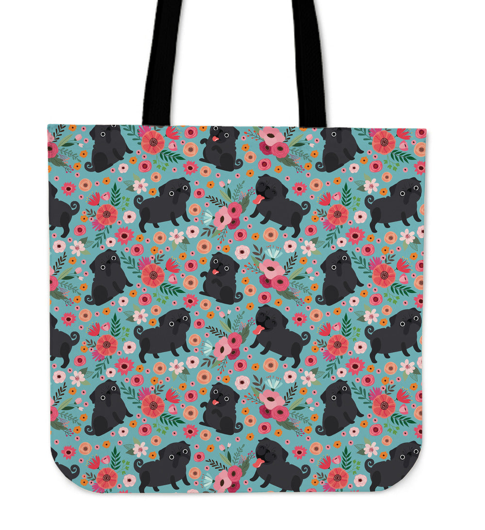 Black Pug Flower Linen Tote Bag