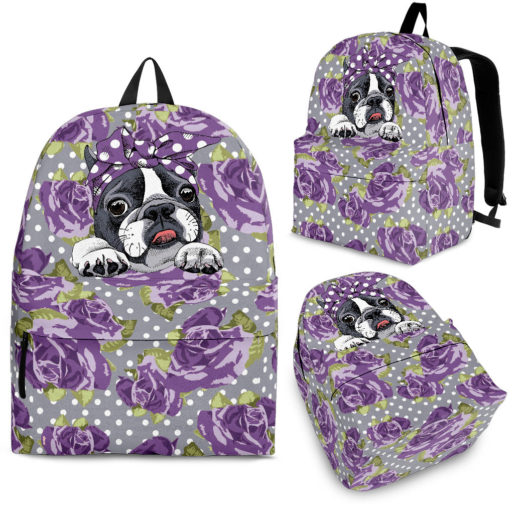 Floral Boston Terrier Purple Backpack