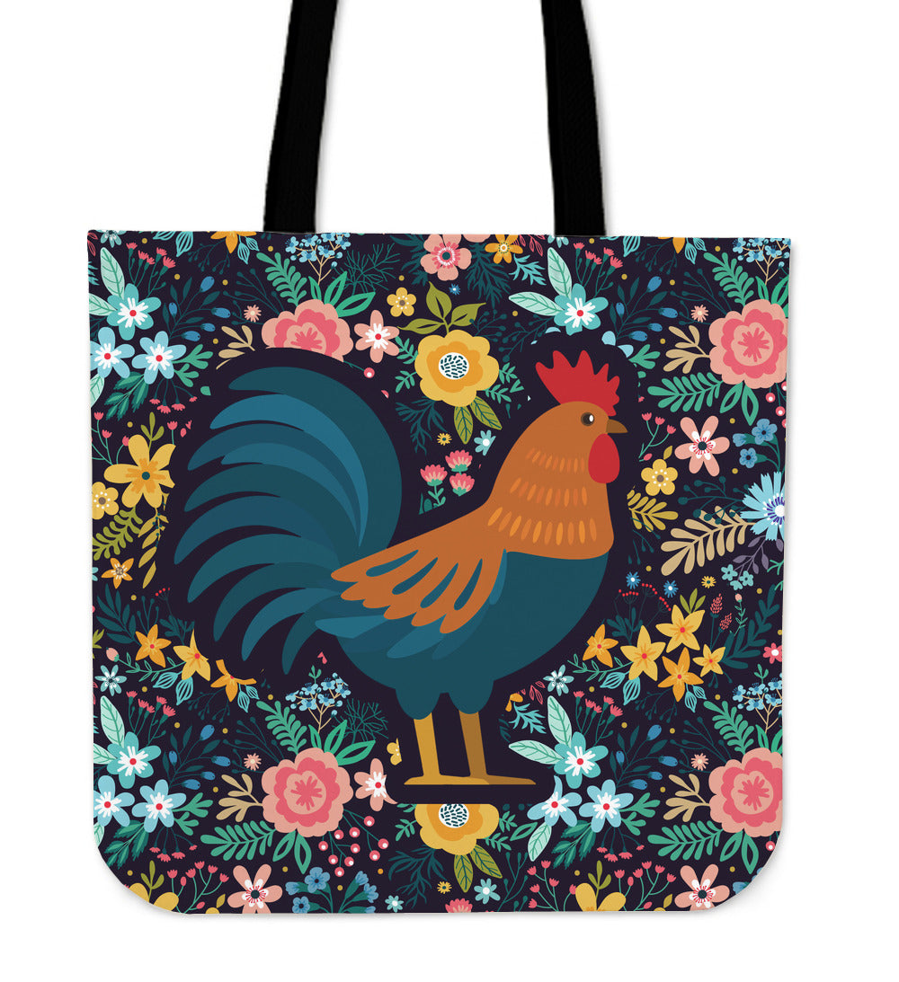 Floral Rooster Linen Tote Bag