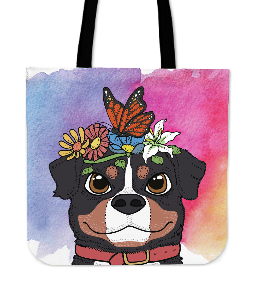 Fun Floral Bernese Mountain Dog Cloth Tote Bag