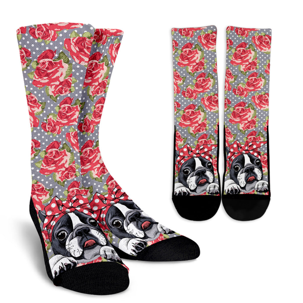 Floral Boston Terrier Socks
