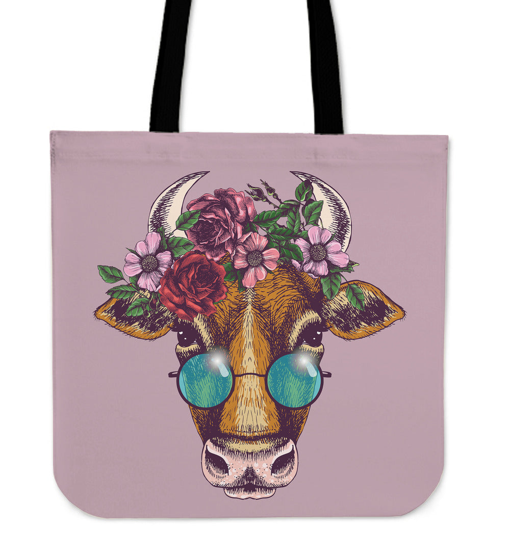 Floral Cow Linen Tote Bag