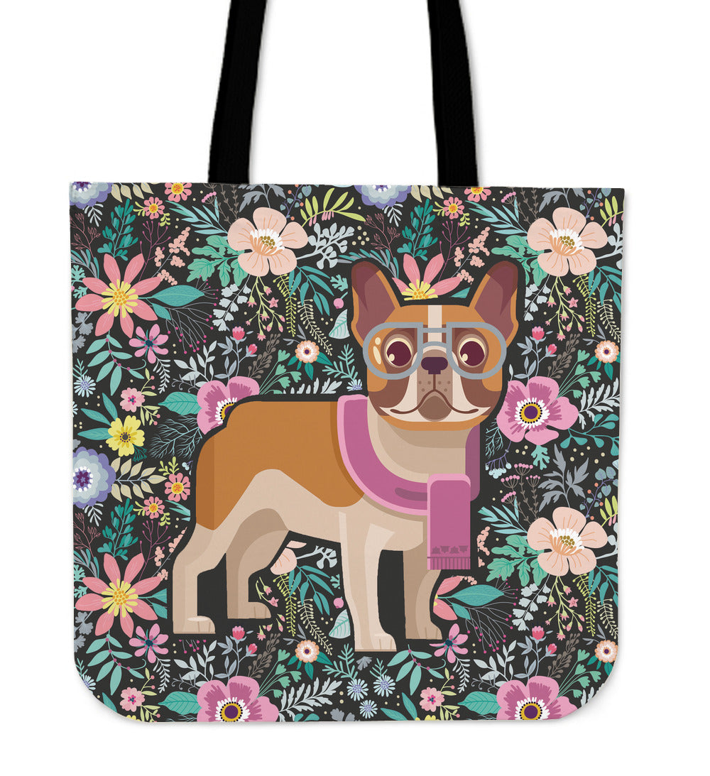 Floral French Bulldog Linen Tote Bag