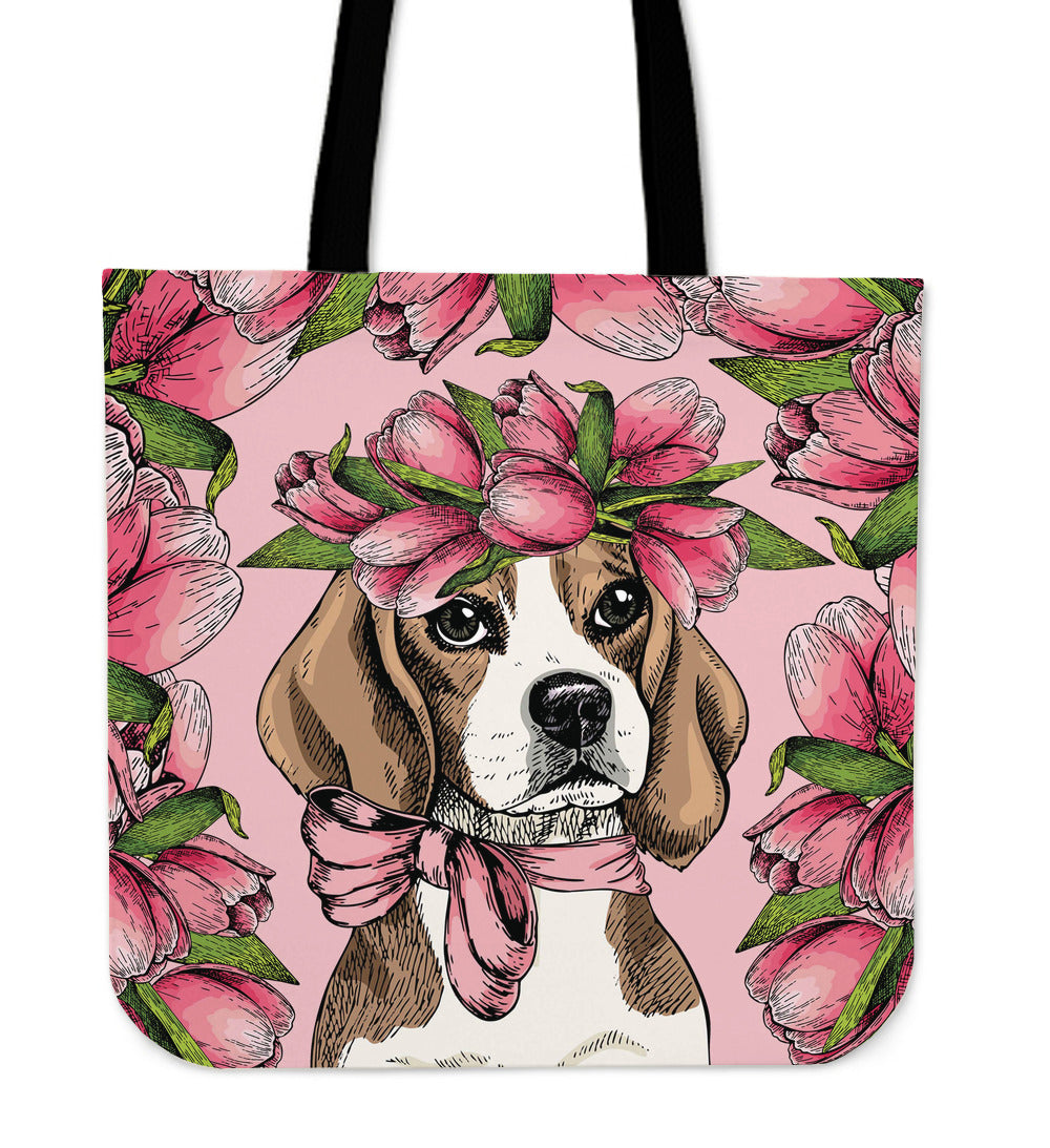 Floral Beagle Linen Tote Bag