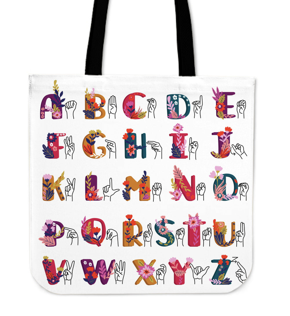 ASL Floral Alphabet Linen Tote Bag