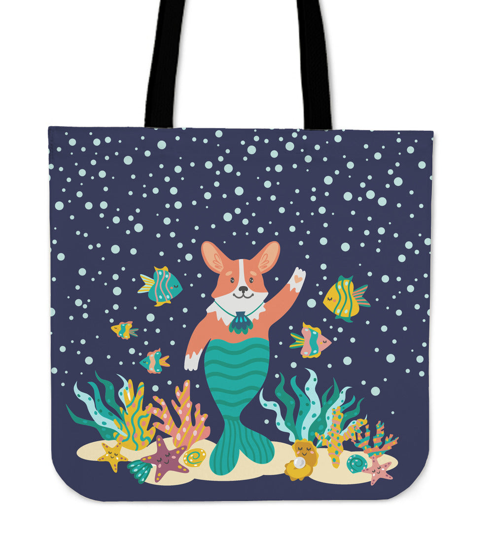Mermaid Corgi Linen Tote Bag