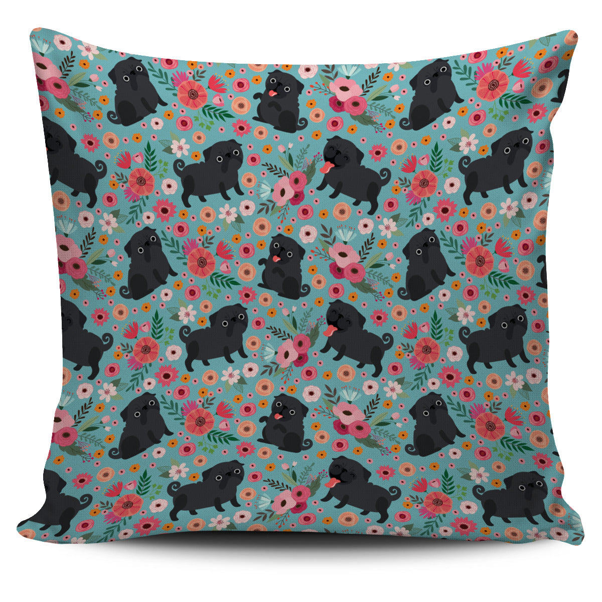 Black Pug Flower Pillow Cover