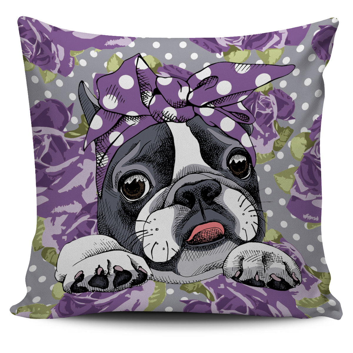 Floral Boston Terrier Purple Pillow Cover