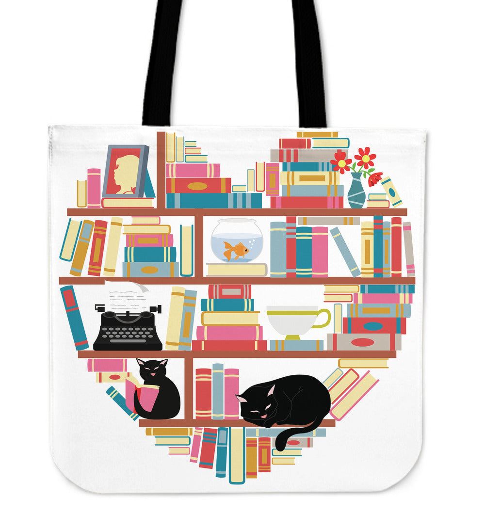 Cat Heart Books Linen Tote Bag
