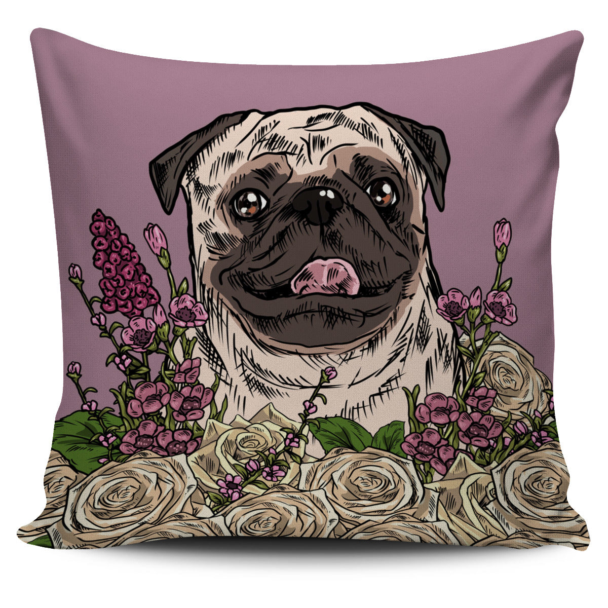 Illustrated Pug Pillow Cover