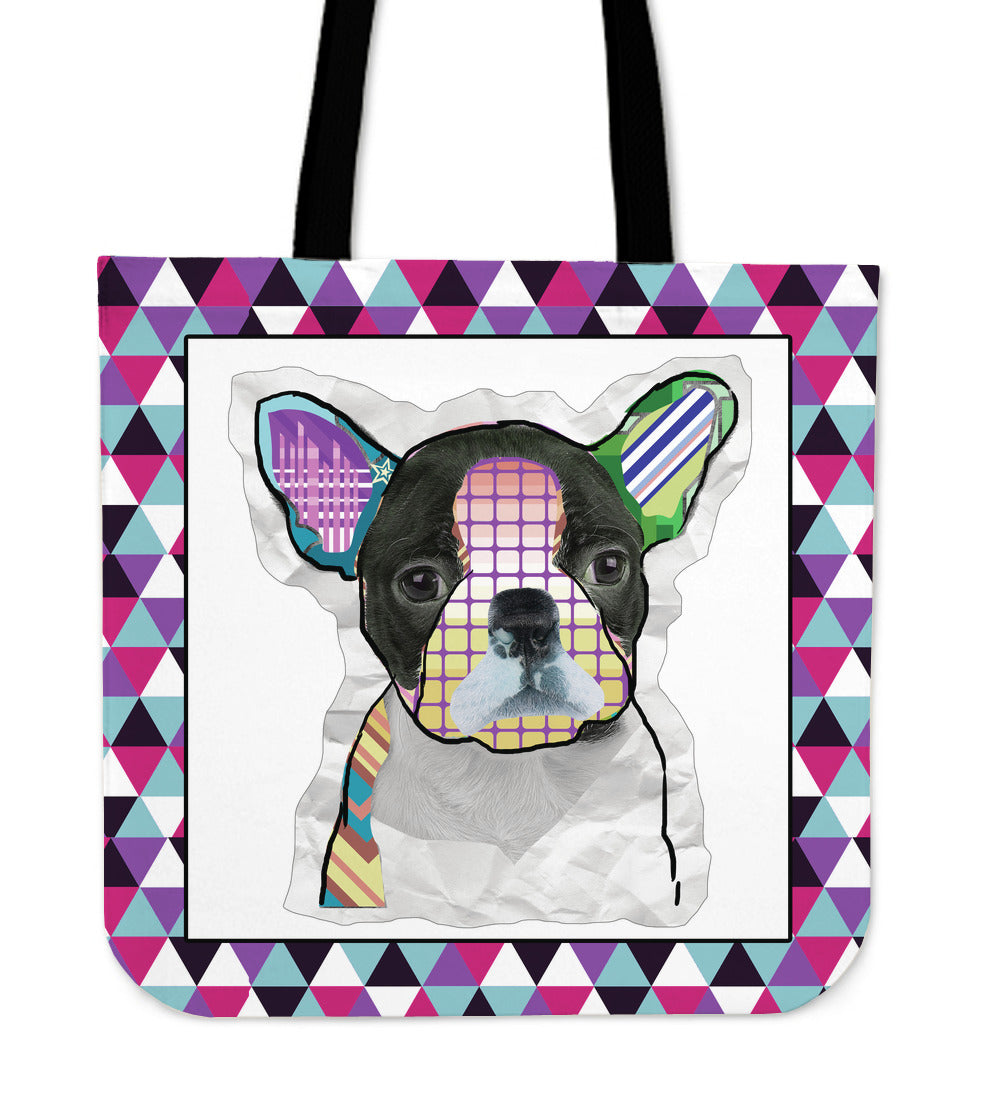 Collage Pup Bostie Linen Tote Bag