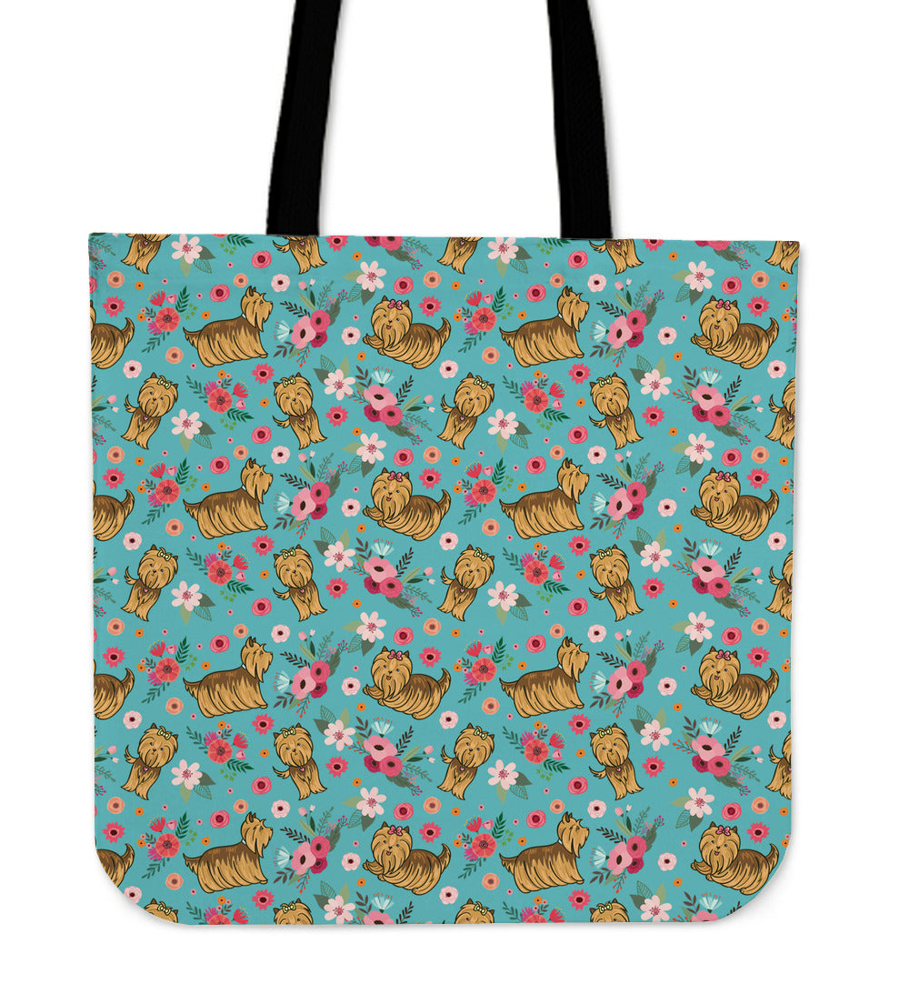 Yorkshire Terrier Flower Linen Tote Bag
