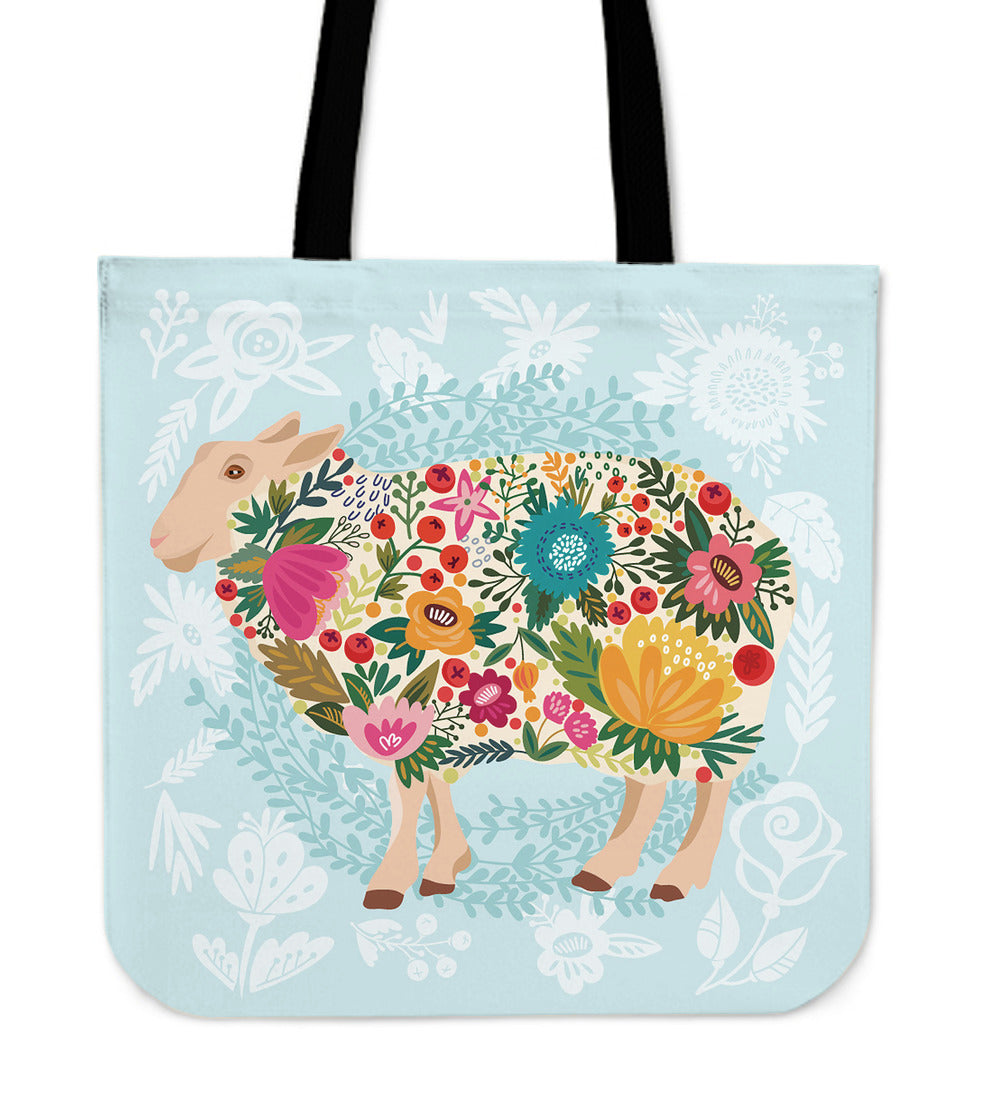 Floral Sheep Linen Tote Bag