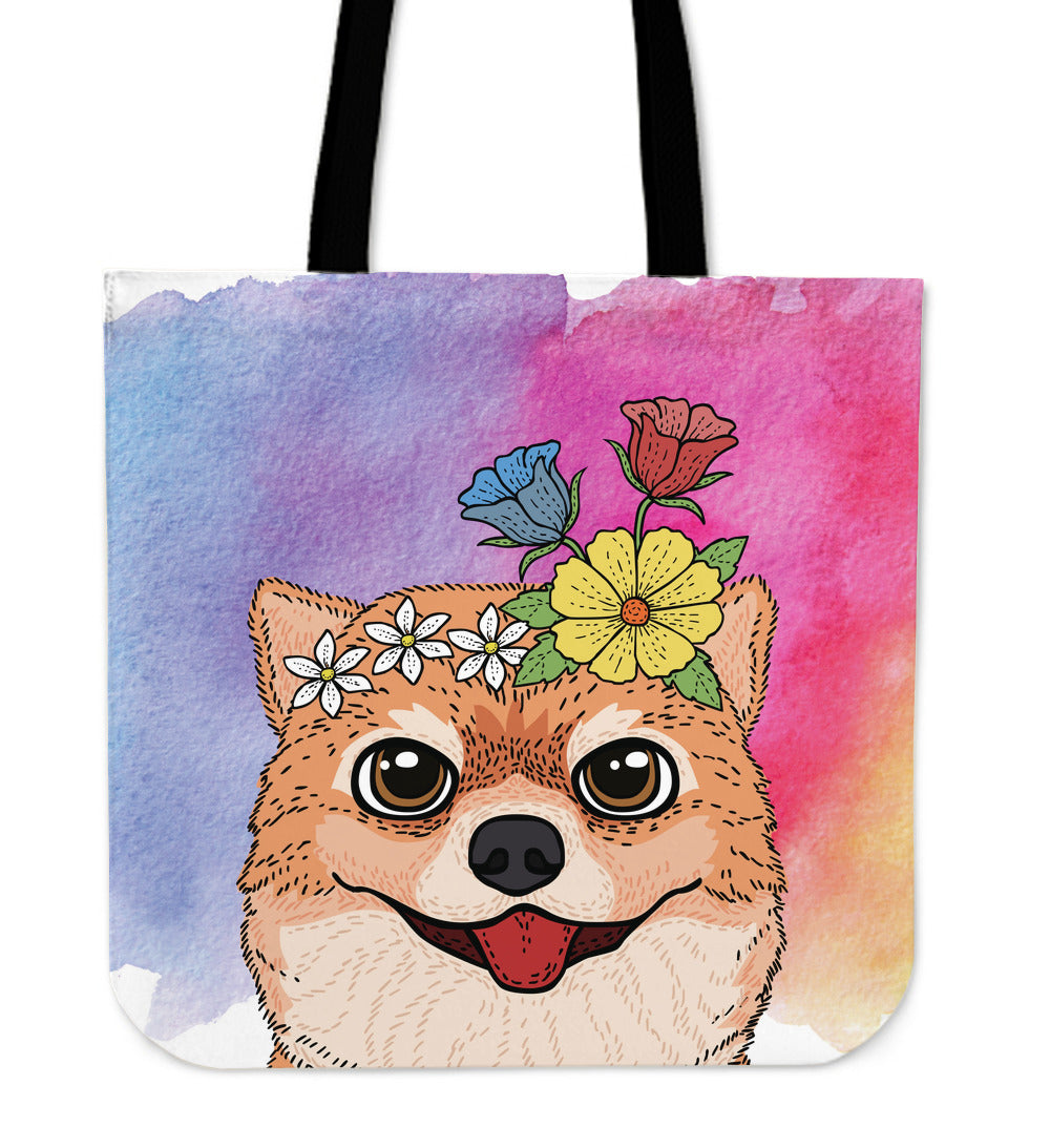 Fun Floral Pomeranian Cloth Tote Bag