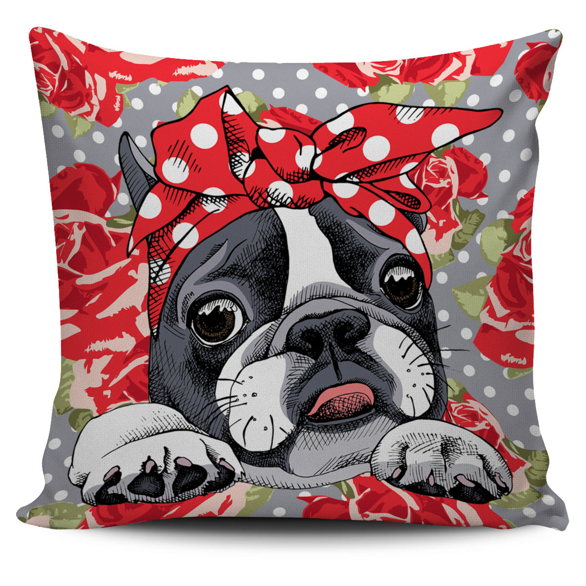 Floral Boston Terrier Red Pillow Cover