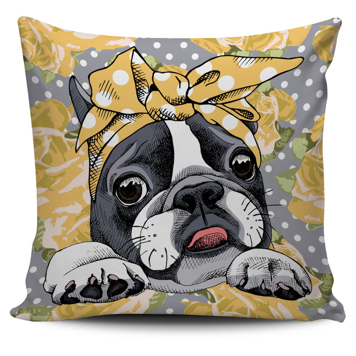 Floral Boston Terrier Yellow Pillow Cover