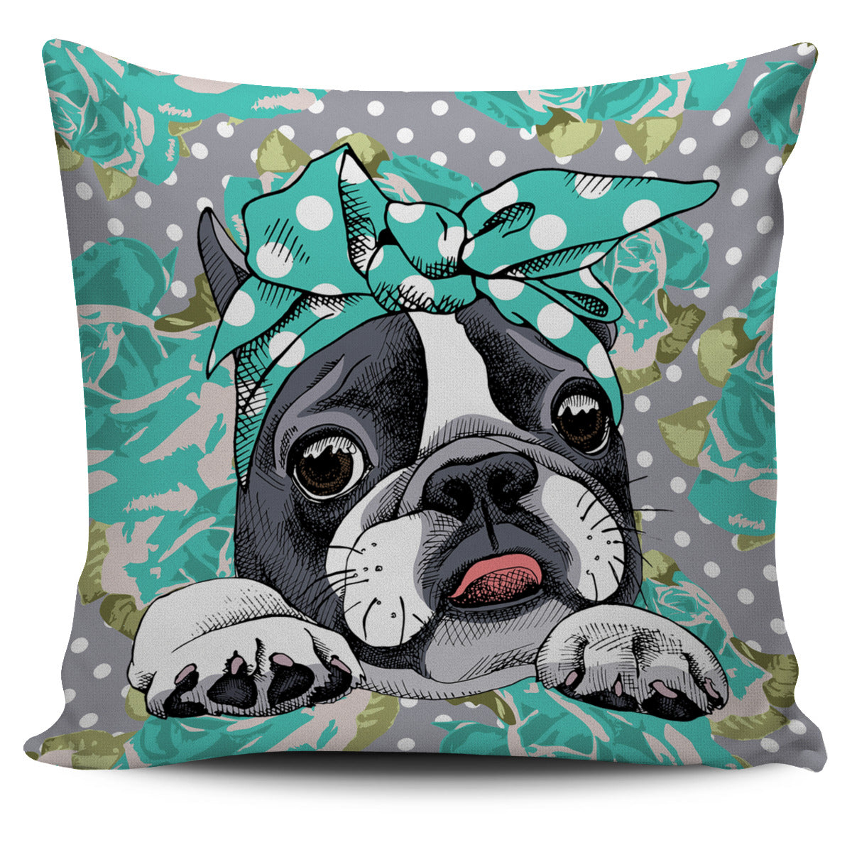 Floral Boston Terrier Turquoise Pillow Cover