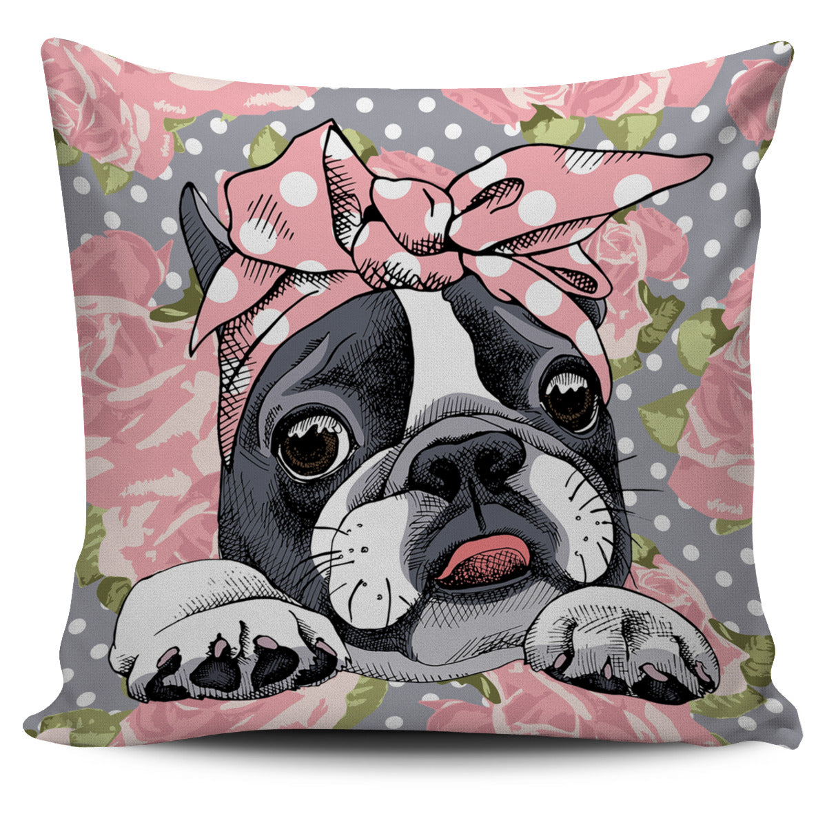 Floral Boston Terrier Pink Pillow Cover