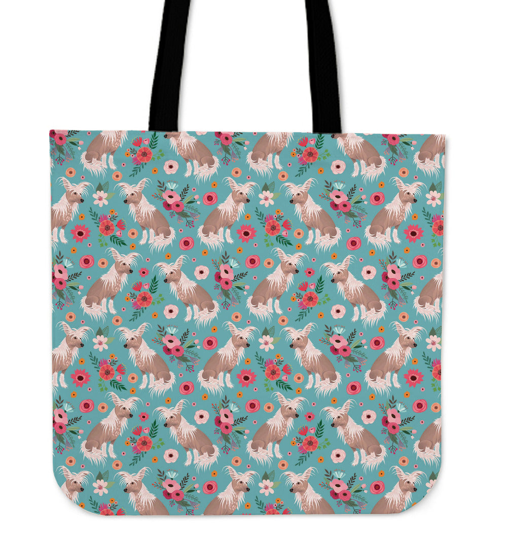 Chinese Crested Flower Linen Tote Bag