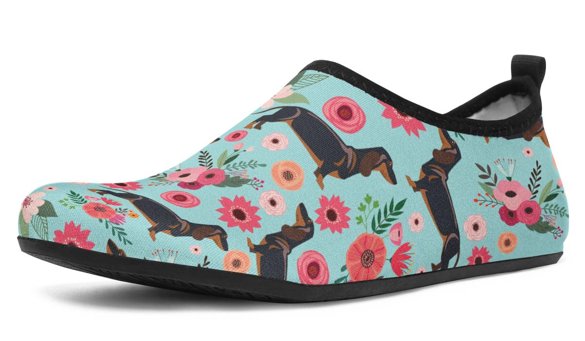 Black Dachshund Flower Aqua Barefoot Shoes
