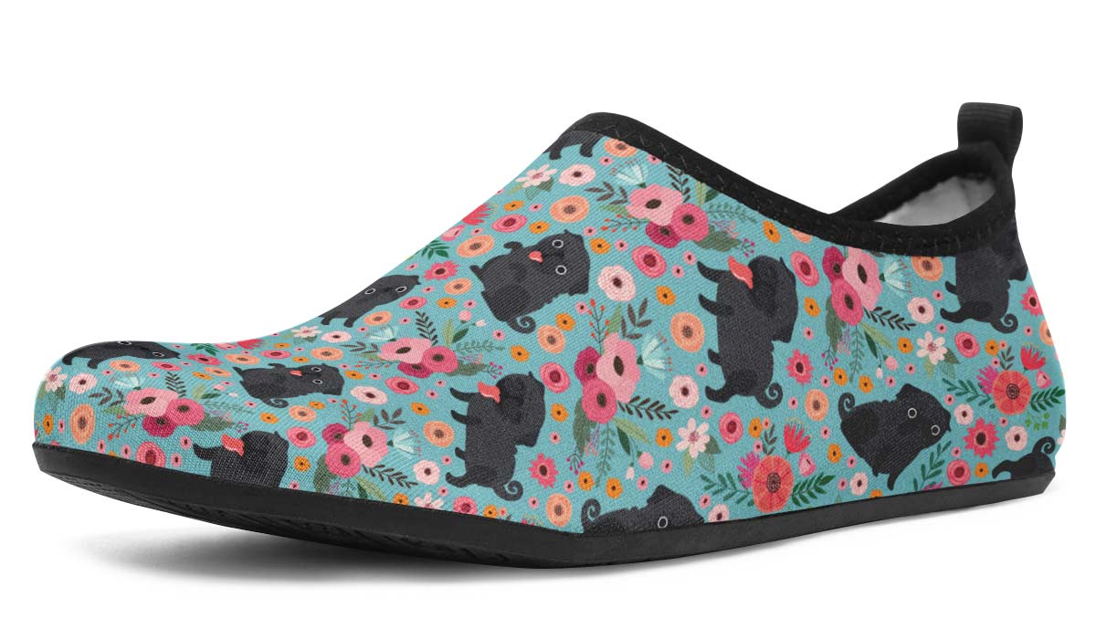 Black Pug Flower Aqua Barefoot Shoes