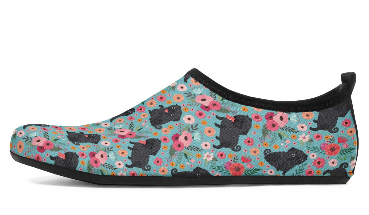 Black Pug Flower Aqua Barefoot Shoes