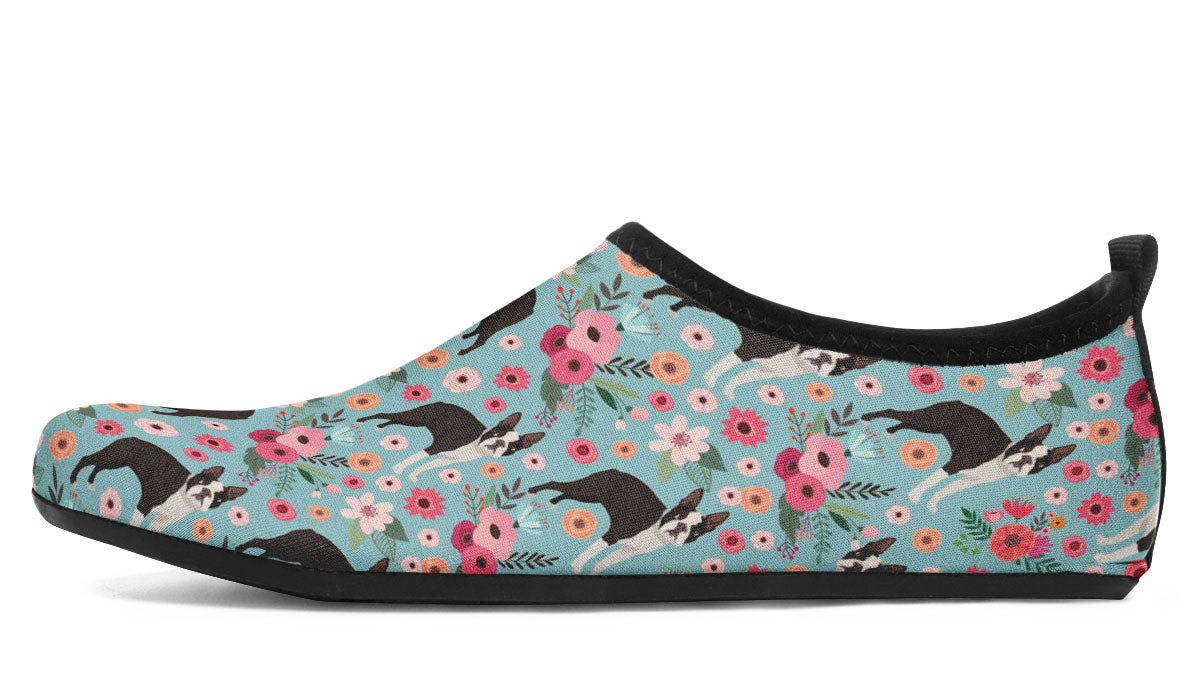 Boston Terrier Flower Aqua Barefoot Shoes