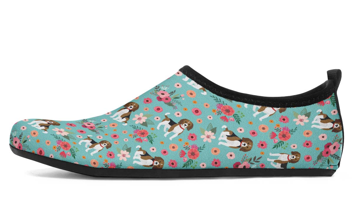 Cute Beagle Flower Aqua Barefoot Shoes