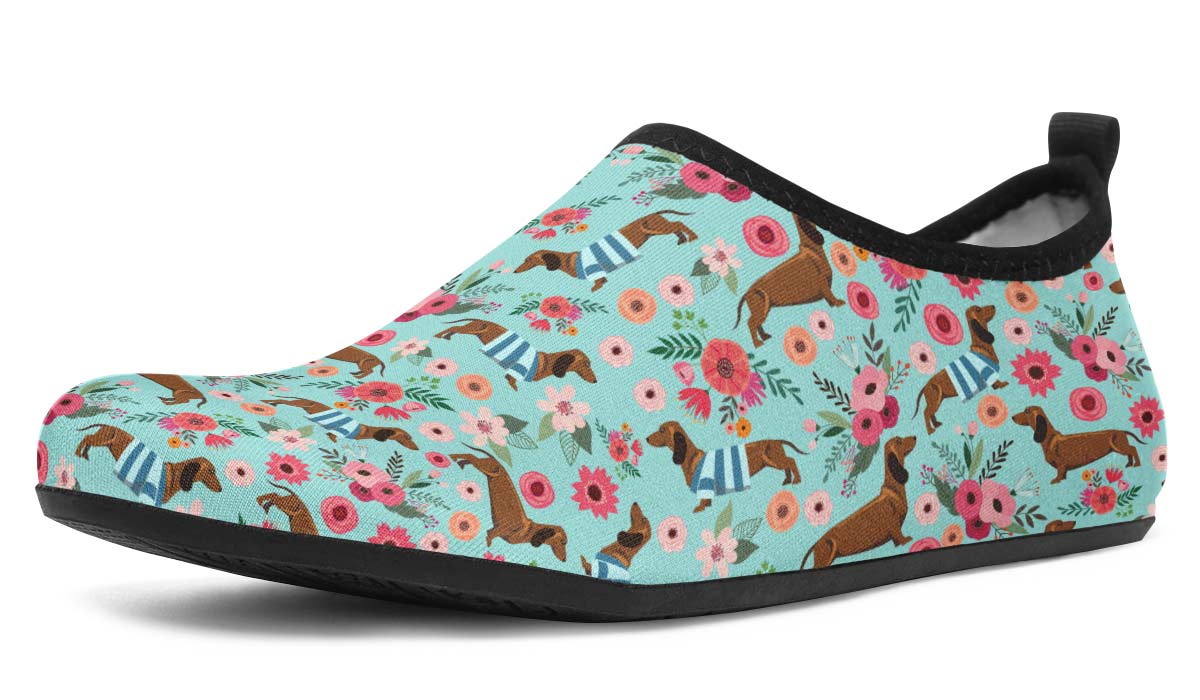 Dachshund Flower Aqua Barefoot Shoes
