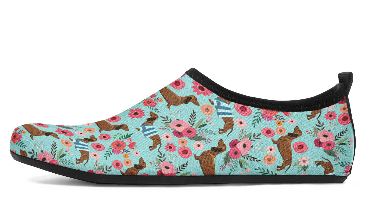 Dachshund Flower Aqua Barefoot Shoes