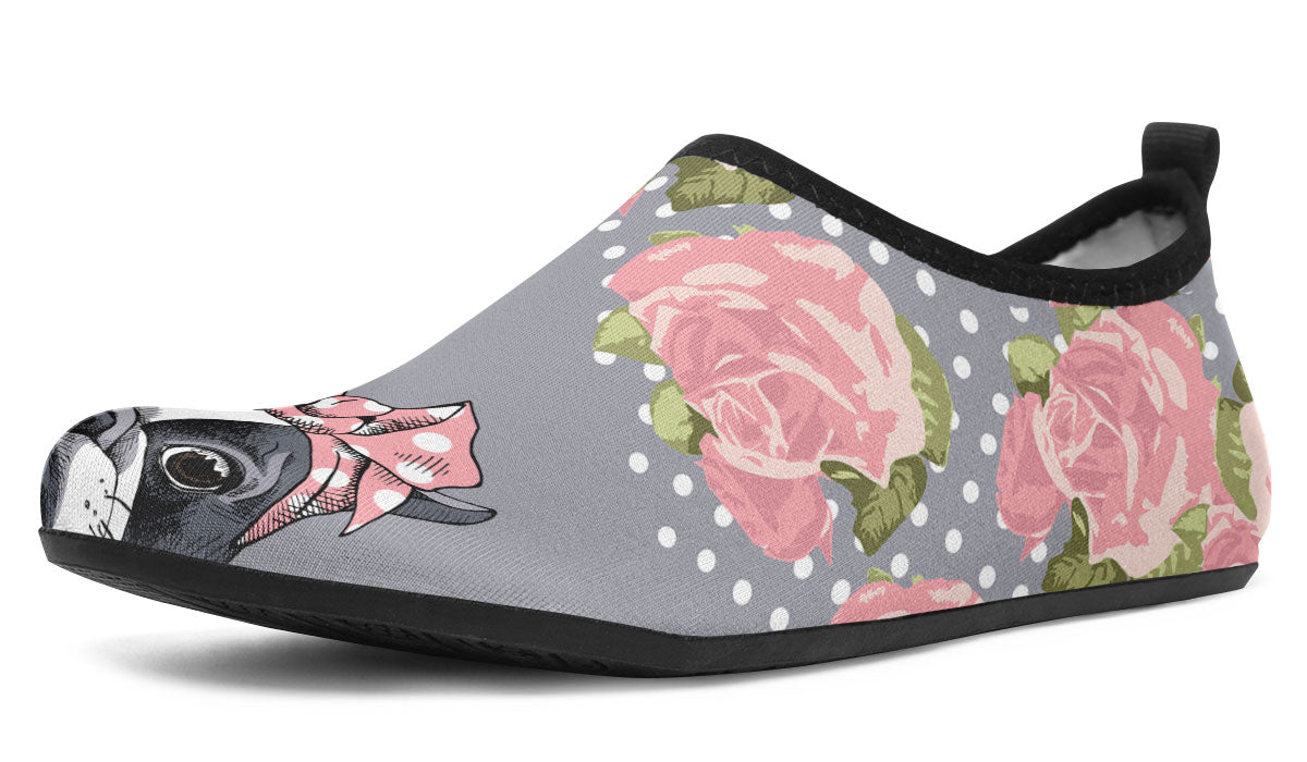 Floral Boston Terrier Pink Aqua Barefoot Shoes