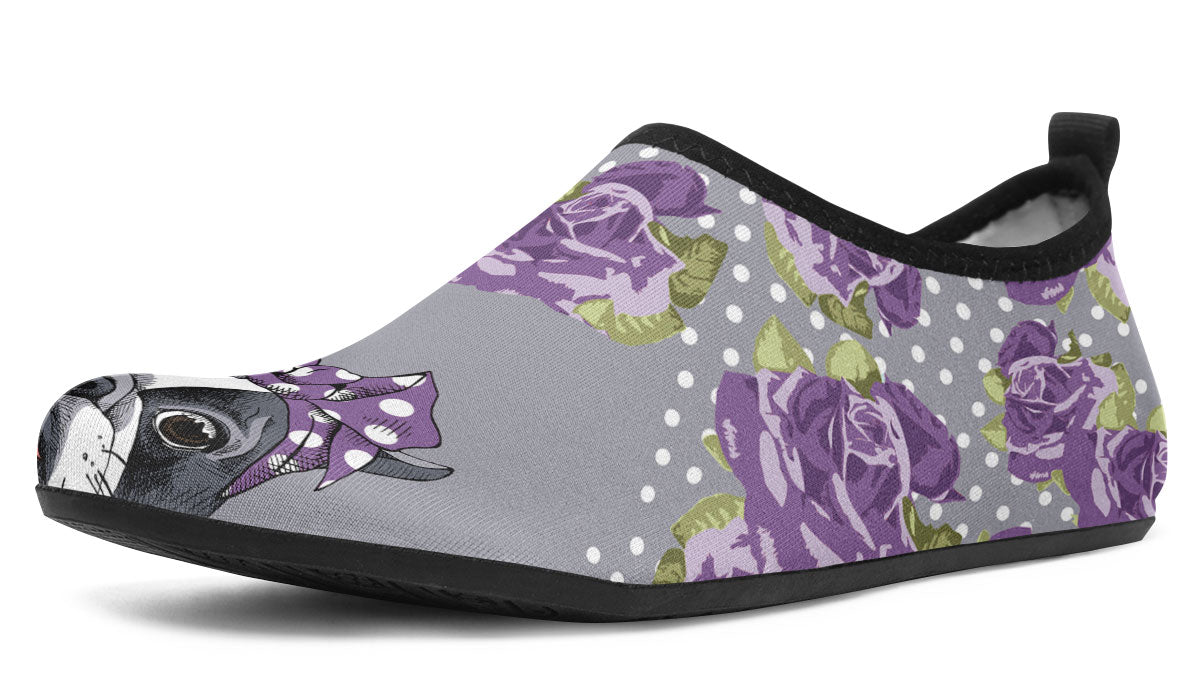 Floral Boston Terrier Purple Aqua Barefoot Shoes