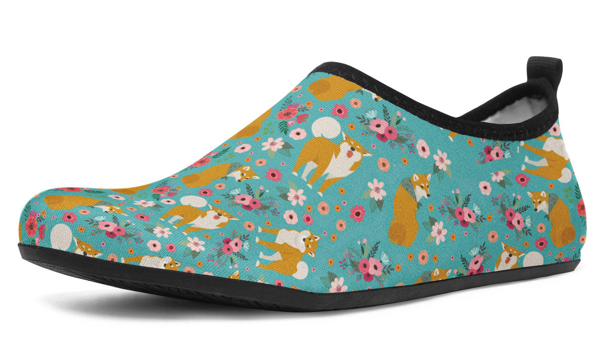 Shiba Inu Flower Aqua Barefoot Shoes